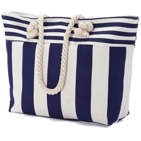 τσάντα θαλάσσης μπλε άσπρη με κορδόνια